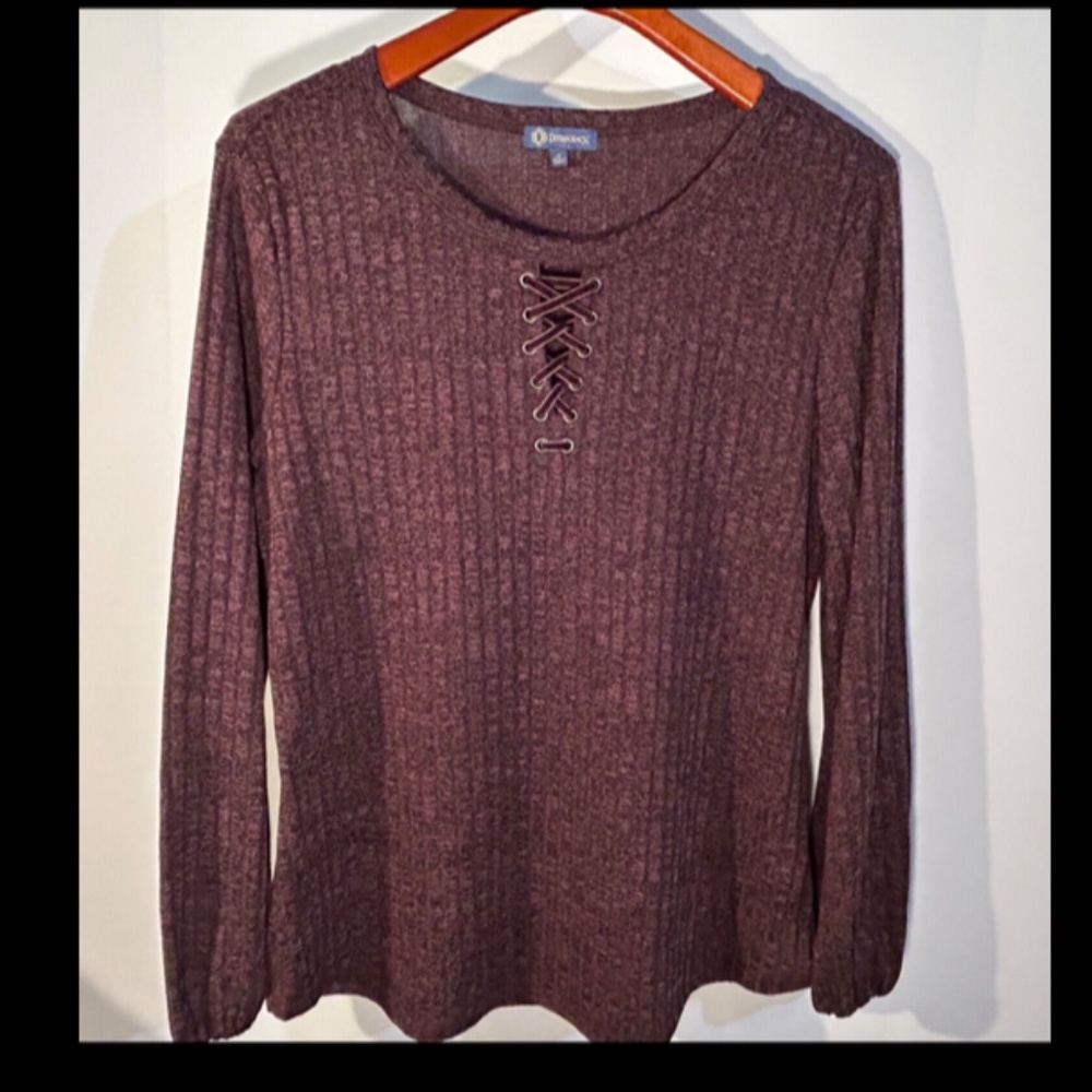 Democracy Ribbed Lace Up Long Sleeve Henley Top Burgundy Size L